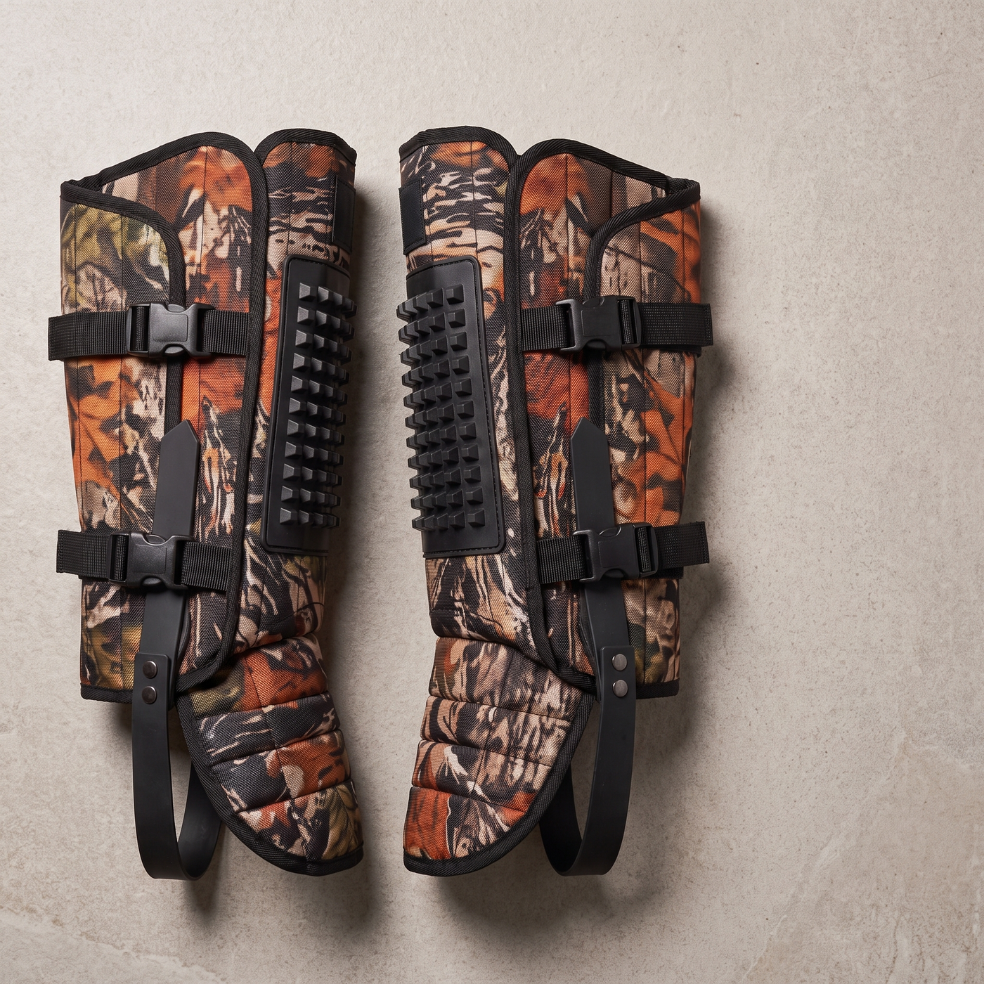 Camo snake gaiters flat lay showing the reinforcement panels and dual buckles