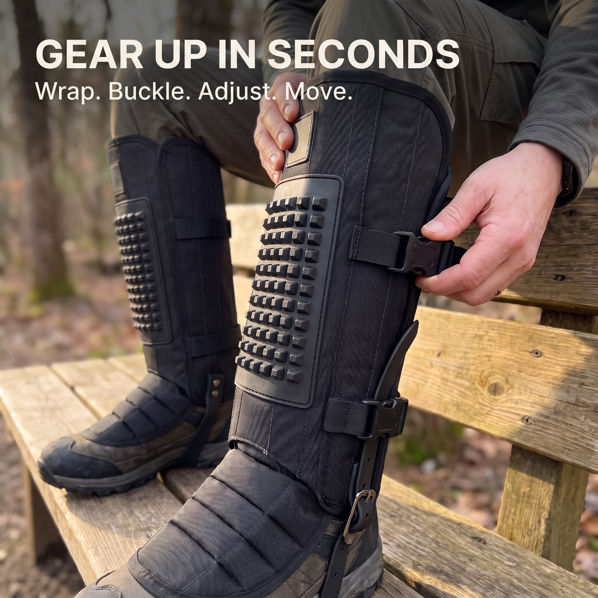 Putting on snake gaiters over hiking boots, no lacing and no boot change needed