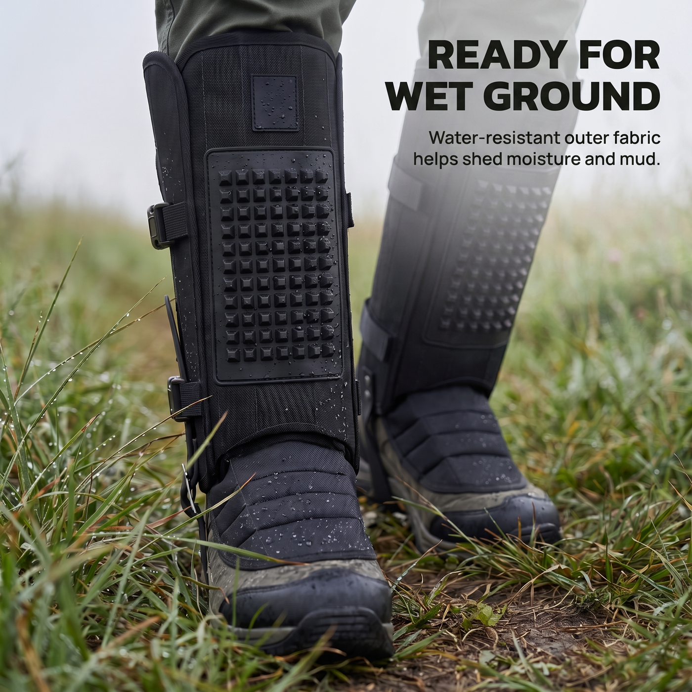 Water resistant snake gaiters shedding moisture and mud in wet grass