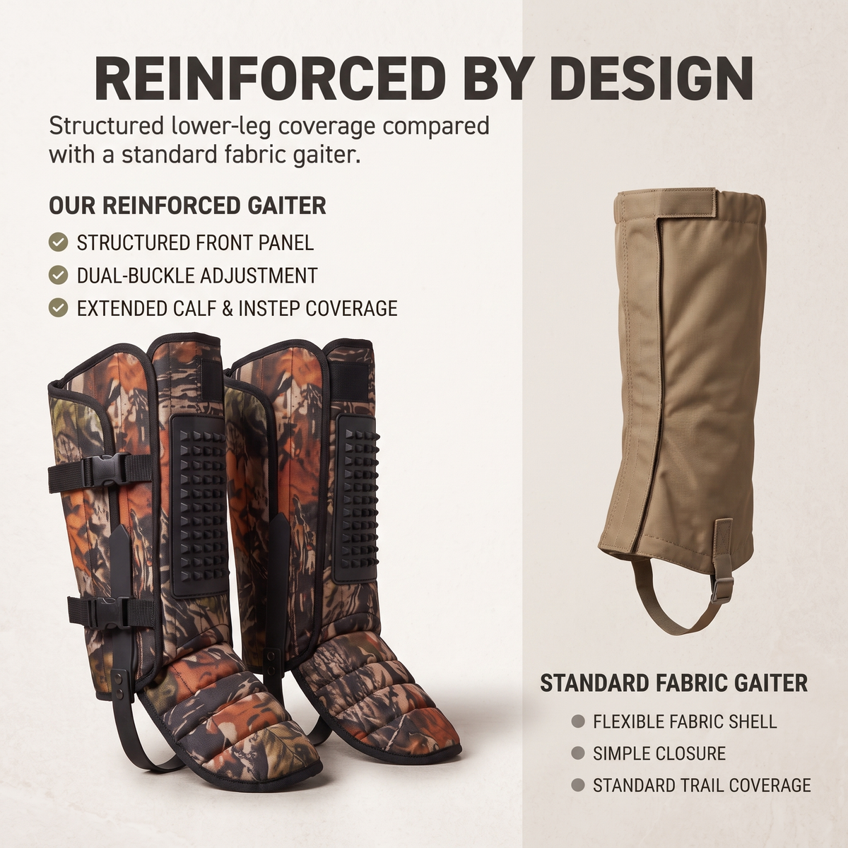 Snake gaiters compared with a standard fabric hiking gaiter for lower leg coverage