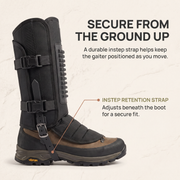 Instep retention strap under the boot keeping snake gaiters in position