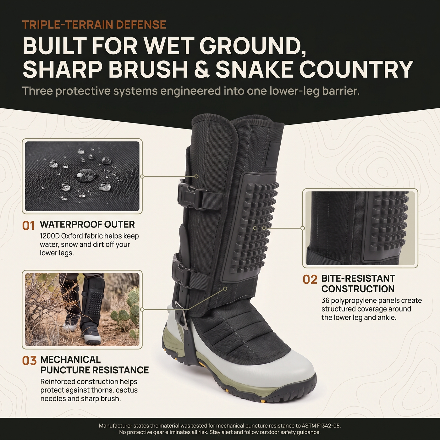 Snake gaiters built for wet ground, sharp brush and snake country with three protection systems