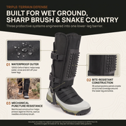 Snake gaiters built for wet ground, sharp brush and snake country with three protection systems