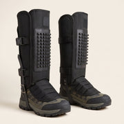 Black snake gaiters for men and women, pair shown worn over hiking boots