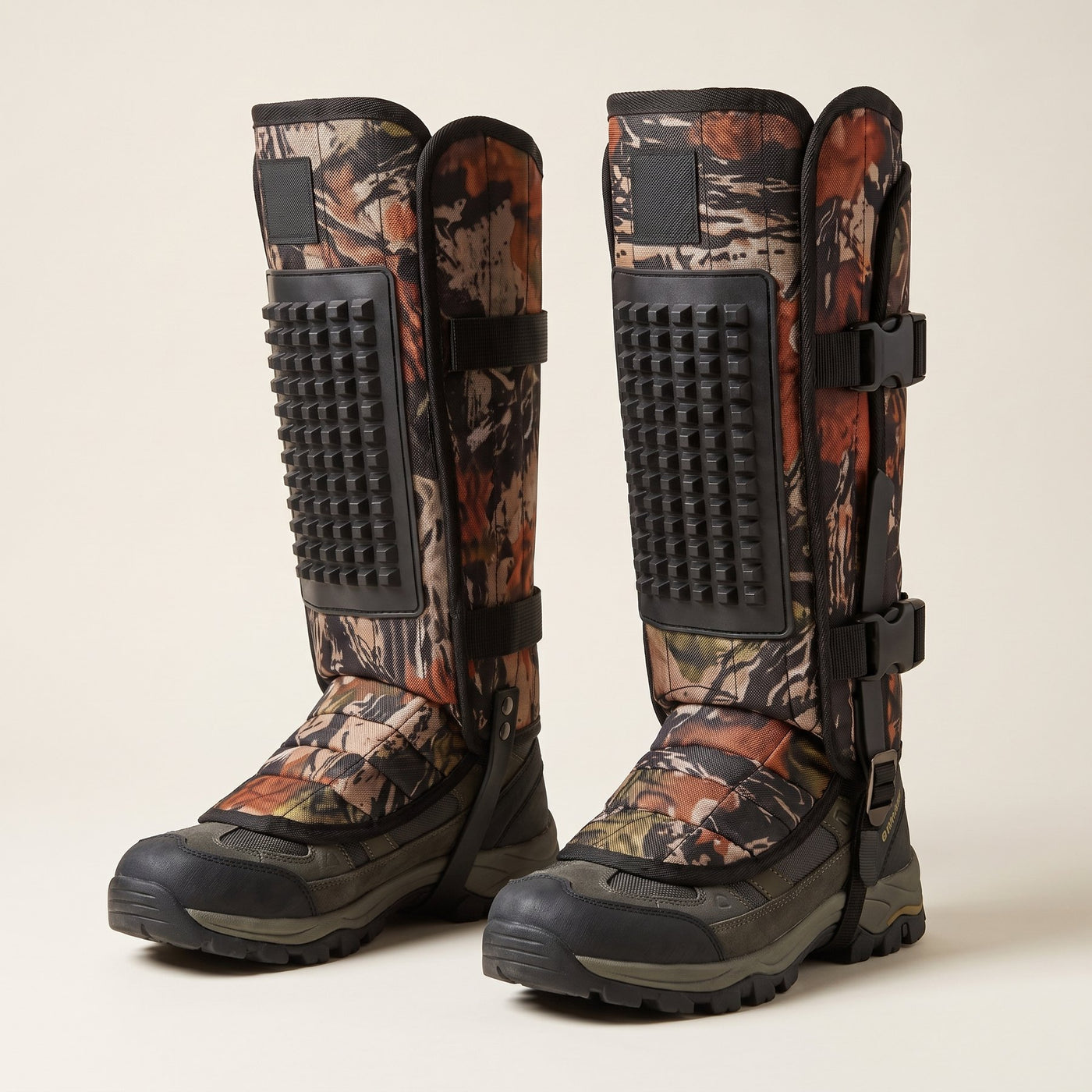 Camo snake gaiters shown worn over hiking boots for hunting and yard work