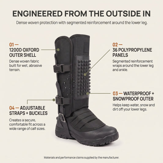 Snake gaiters construction diagram showing the 1200D Oxford shell and 36 polypropylene reinforcement panels