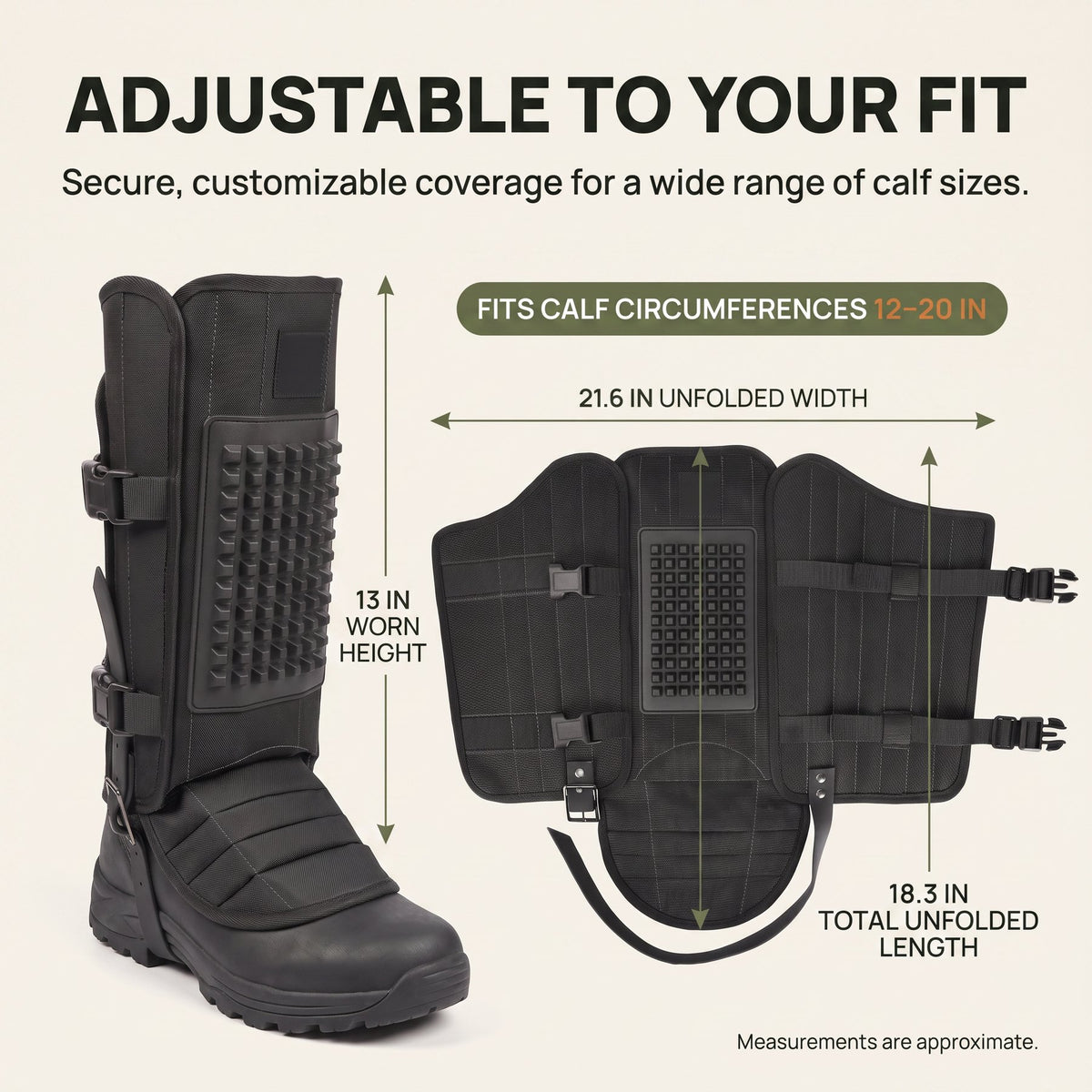 Snake gaiters sizing diagram, fits calves 12 to 20 inches with 13 inch worn height