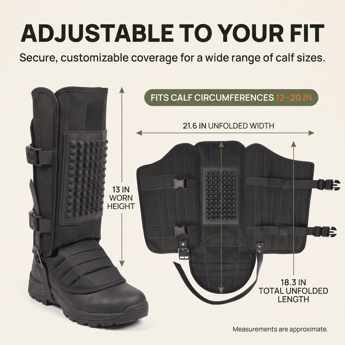 Snake gaiters sizing diagram, fits calves 12 to 20 inches with 13 inch worn height